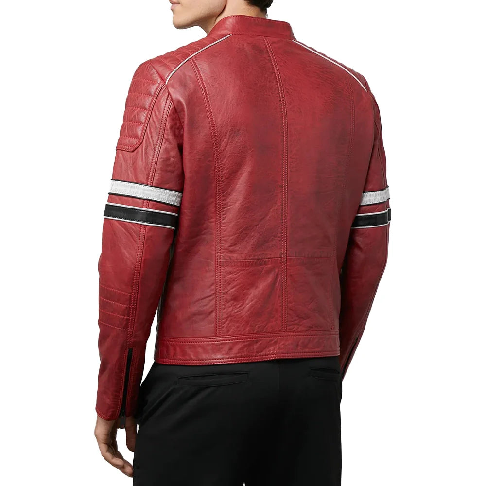 Men's Quilted Stripes Cafe Racer Biker Leather Jacket