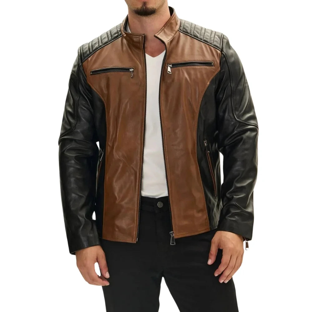 Men's Quilted Two Tone Leather Bomber Jacket