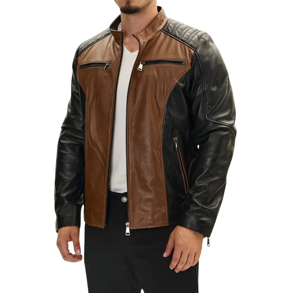 Men's Quilted Two Tone Leather Bomber Jacket