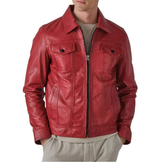 Men’s Red Leather Thriller Trucker Jacket