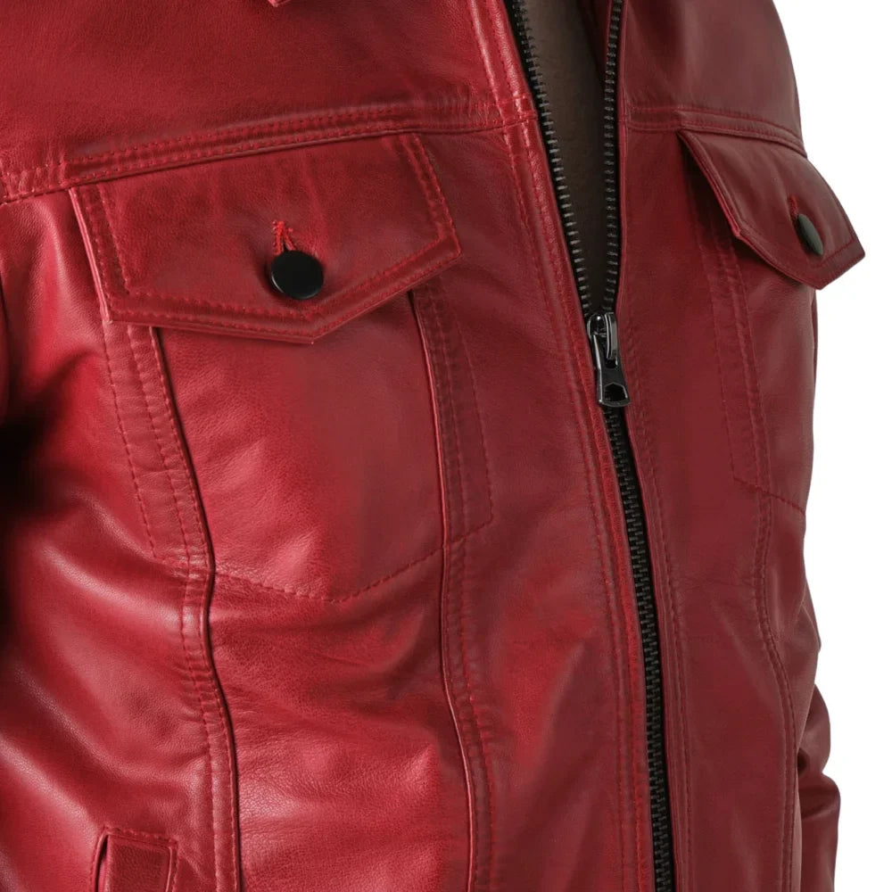 Men’s Red Leather Thriller Trucker Jacket