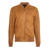 Men's Rib Knitted Camel Brown Suede Leather Jacket