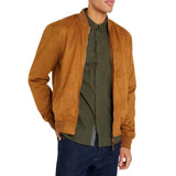 Men's Rib Knitted Camel Brown Suede Leather Jacket