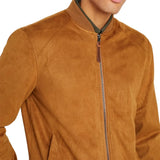 Men's Rib Knitted Camel Brown Suede Leather Jacket