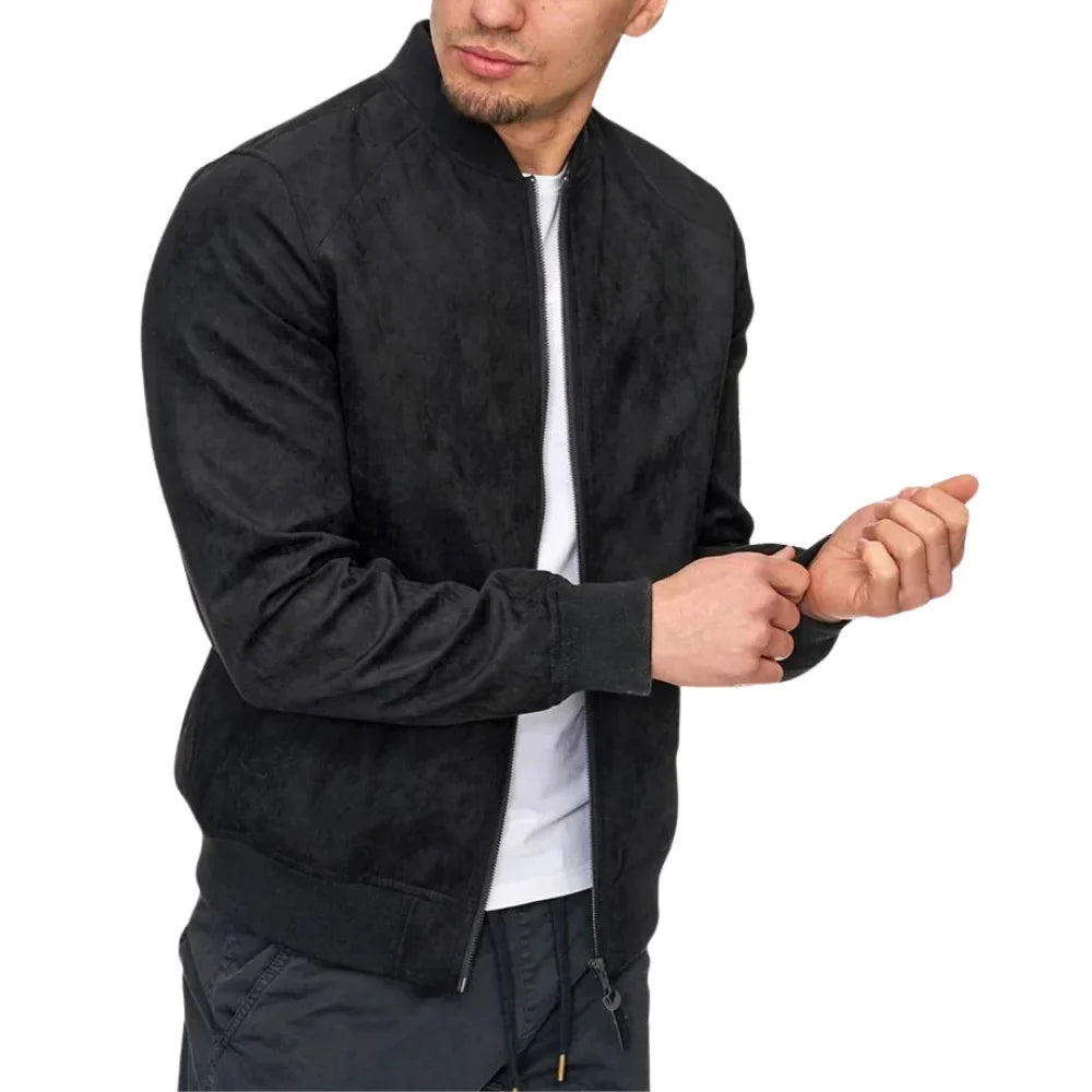 Men's Ribbed Detailing Black Calf Suede Jacket