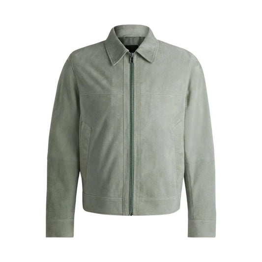 Men's Shirt Collar Style Light Green Leather Jacket