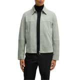 Men's Shirt Collar Style Light Green Leather Jacket