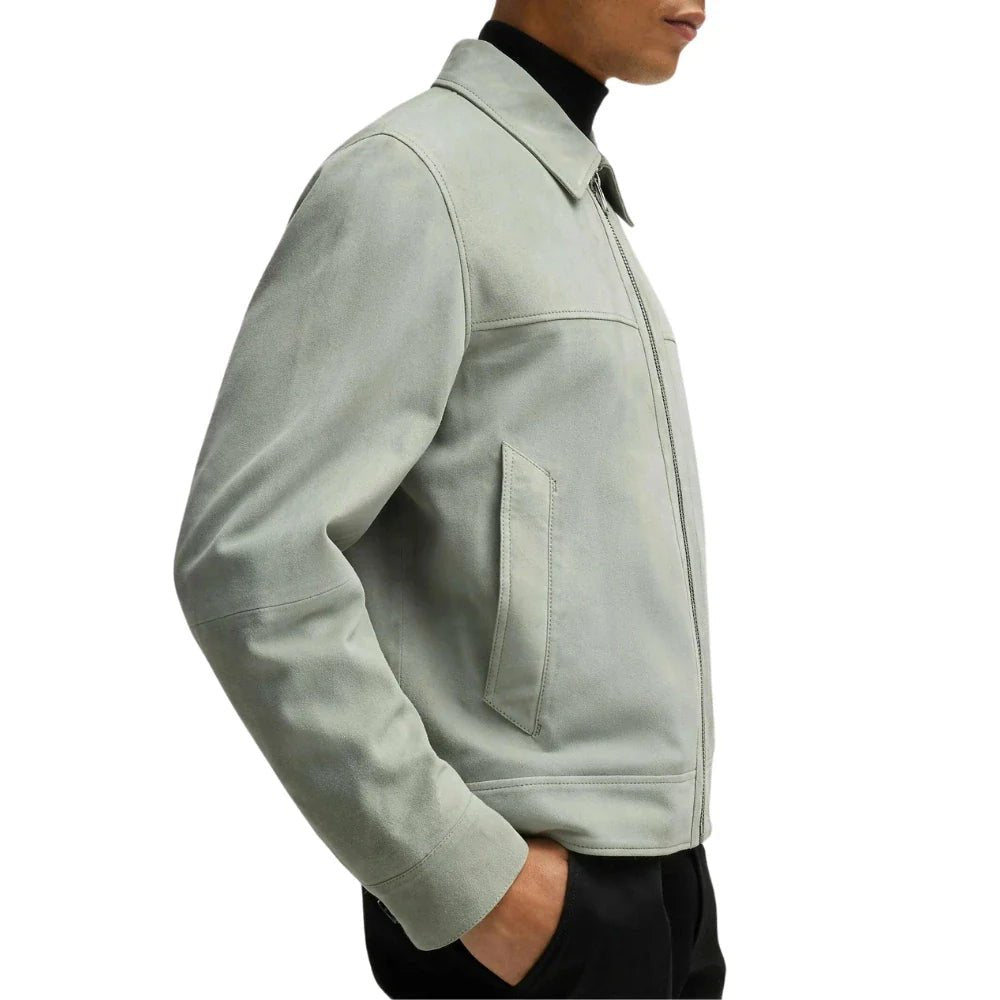 Men's Shirt Collar Style Light Green Leather Jacket