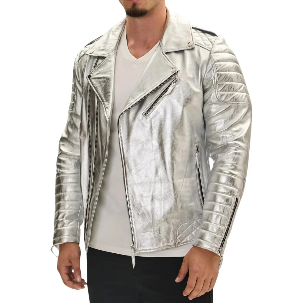 Men's Silver Quilted Leather Moto Jacket