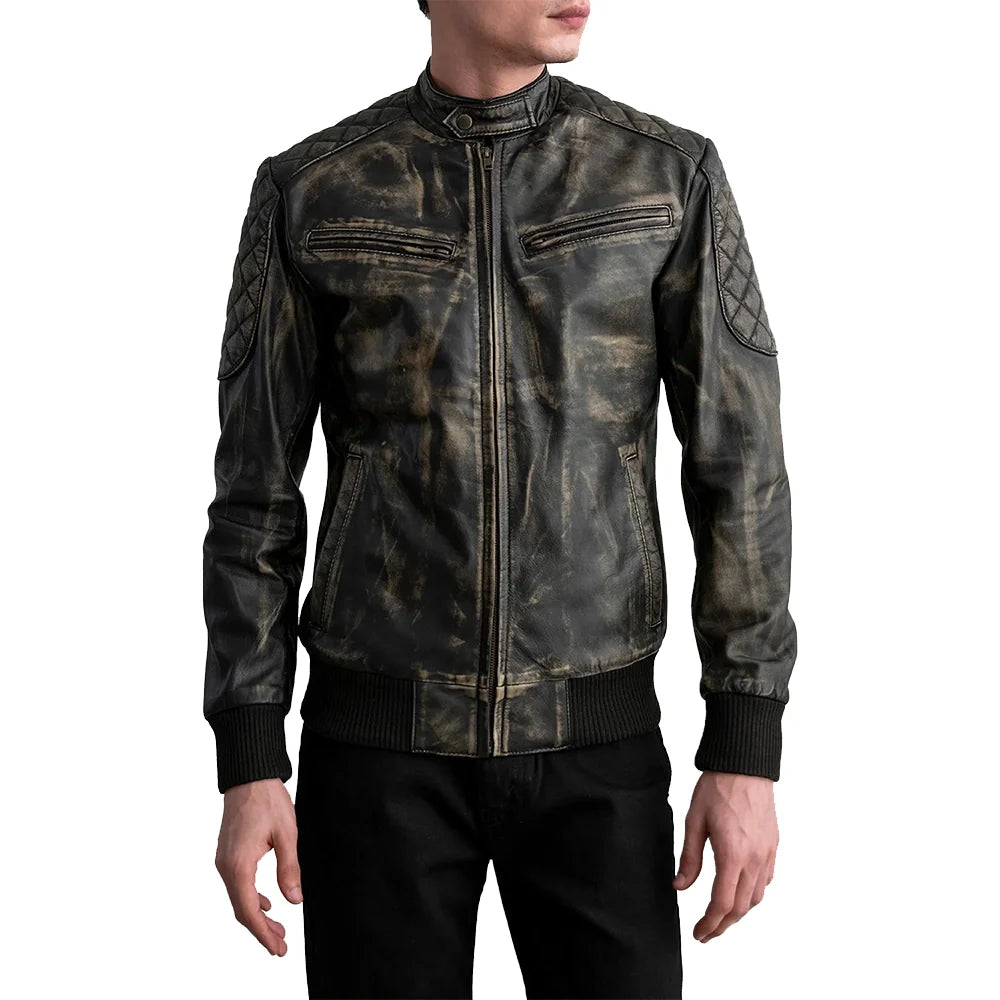 Mens-distressed-brown-leather-cafe-racer-jacket-padded