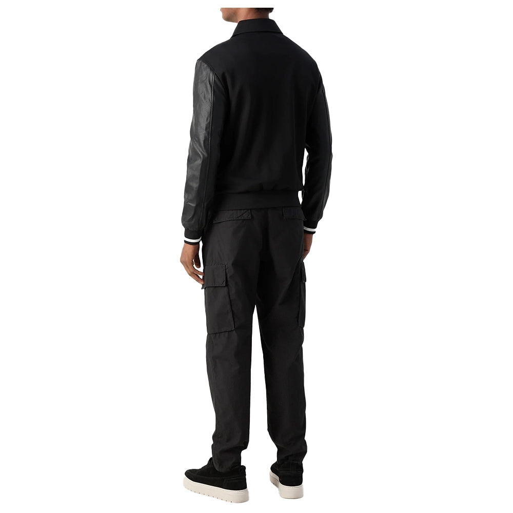 Mens Black Regular Fit Zip Up Sweatshirt with Leather Sleeves