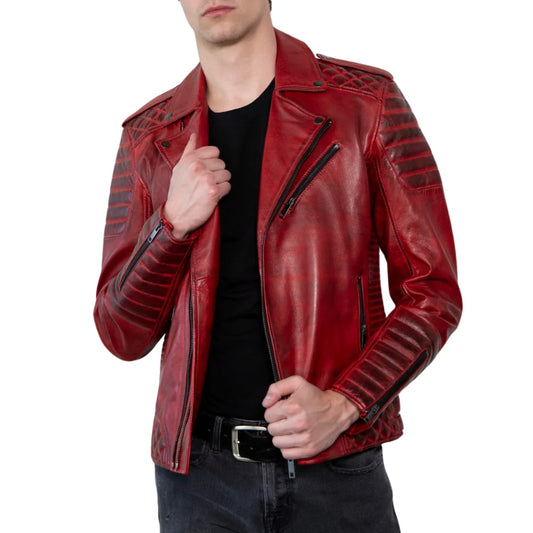 Red Leather Biker Jacket Men's with Quilted Details