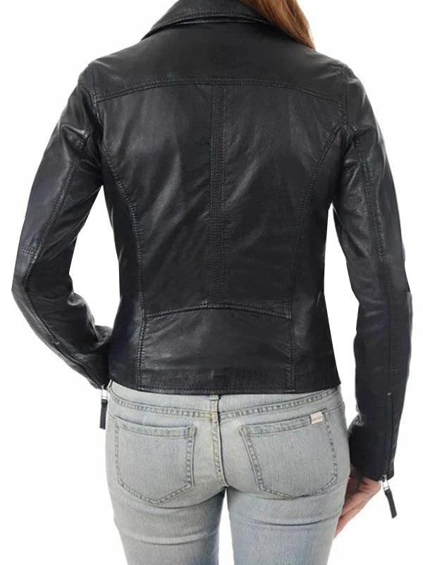 Retro Black Leather Biker Jacket For Women's 