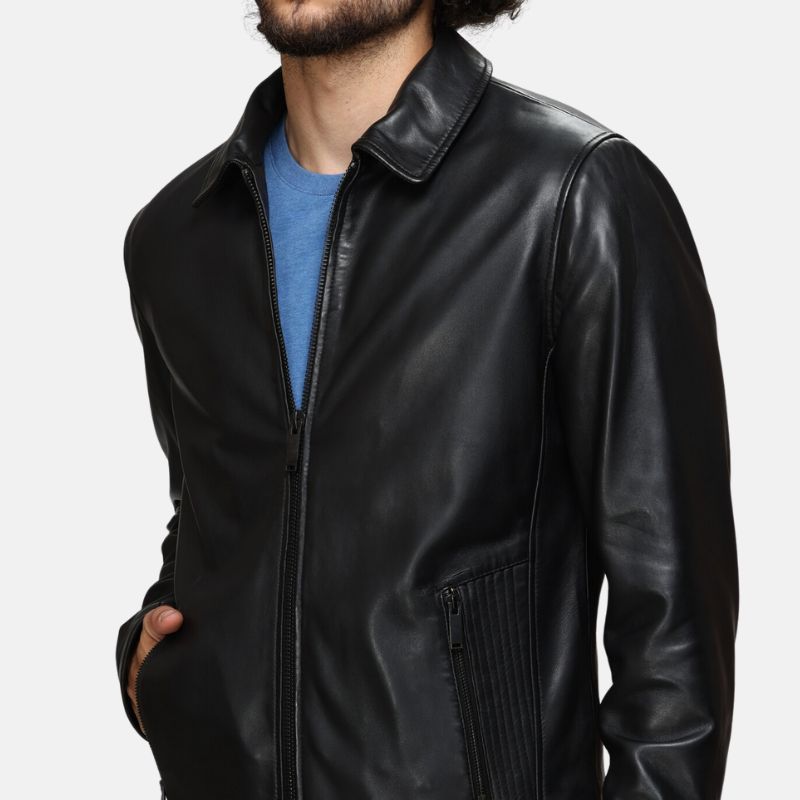 Shirt-collar-black-leather-biker-jacket