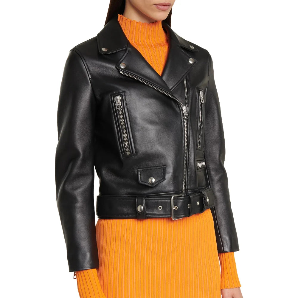 Slim Fit Belted Black Motorcycle Jacket For Women (4)