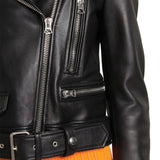 Slim Fit Belted Black Motorcycle Jacket For Women