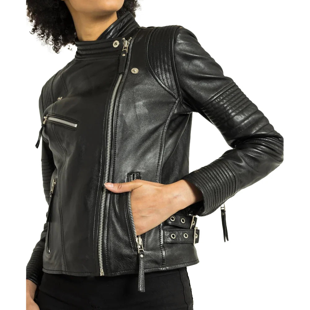 Slim Fit Biker Distressed Black Leather Jacket Women