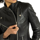 Slim Fit Biker Distressed Black Leather Jacket Women