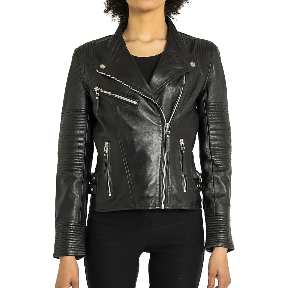 Slim Fit Biker Distressed Black Leather Jacket Women