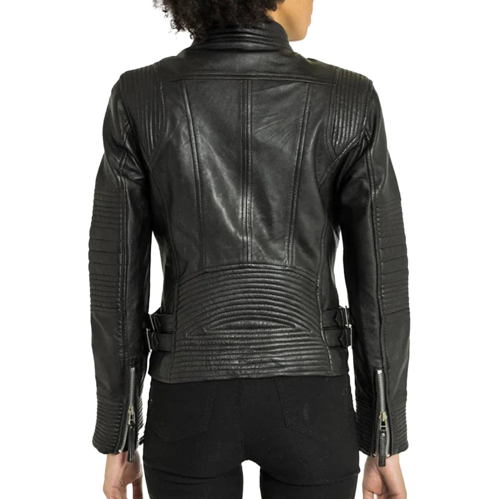 Slim Fit Biker Distressed Black Leather Jacket Women