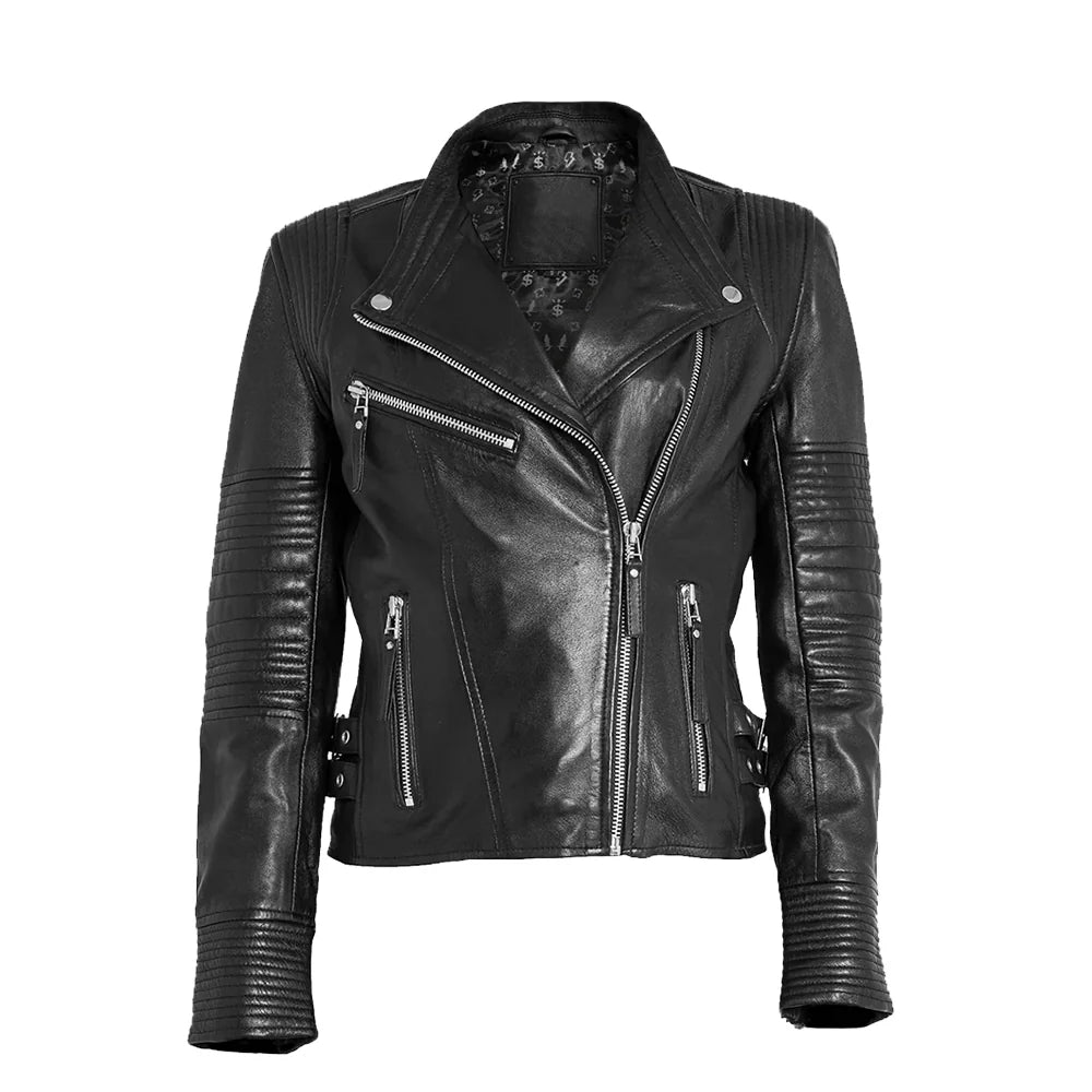 Slim Fit Biker Distressed Black Leather Jacket Women