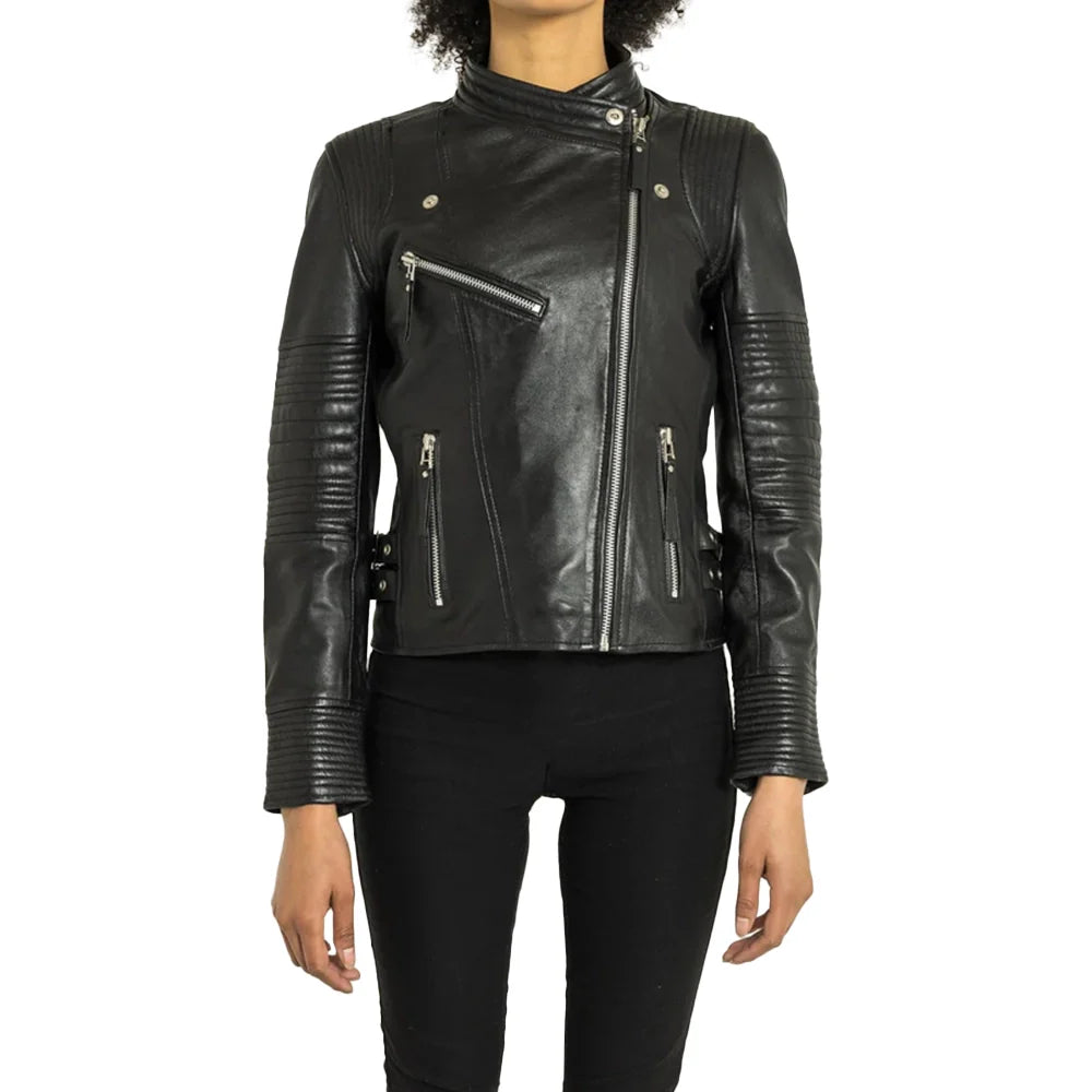 Slim Fit Biker Distressed Black Leather Jacket Women