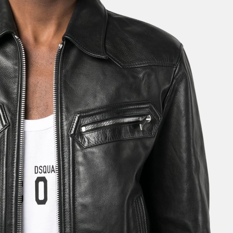 Black Classic Biker Leather Jacket With Shirt Collar For Mens