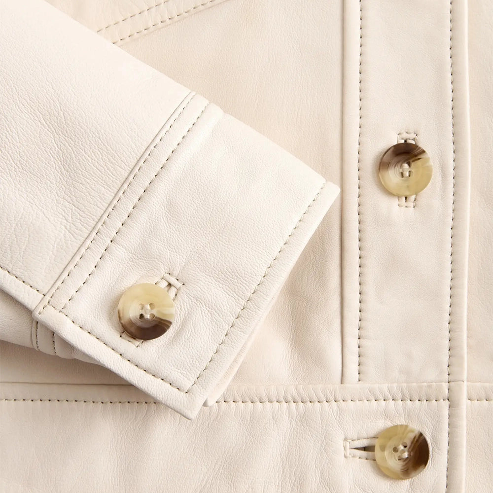 Womens Cropped Cream Leather Jacket Shirt Style