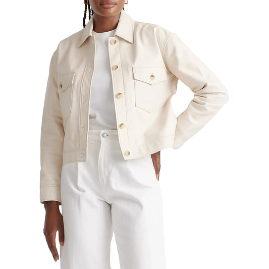 Womens Cropped Cream Leather Jacket Shirt Style