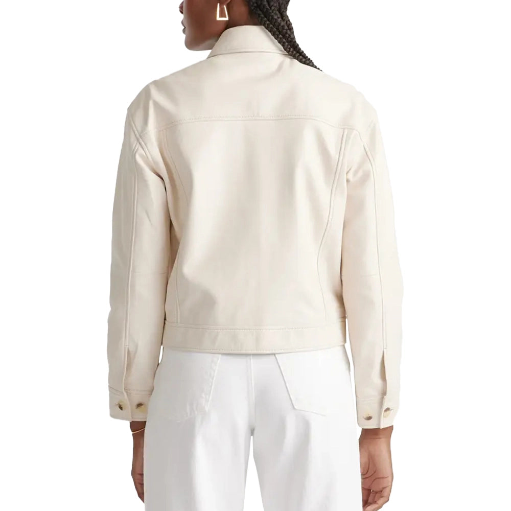 Womens Cropped Cream Leather Jacket Shirt Style