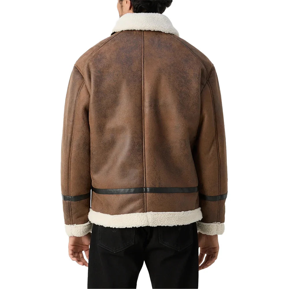 Winter Distressed Tan Brown Shearling Leather Jacket For Mens