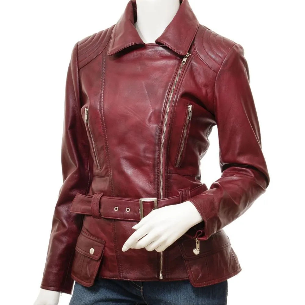 Women Distressed Biker Burgundy Leather Jacket