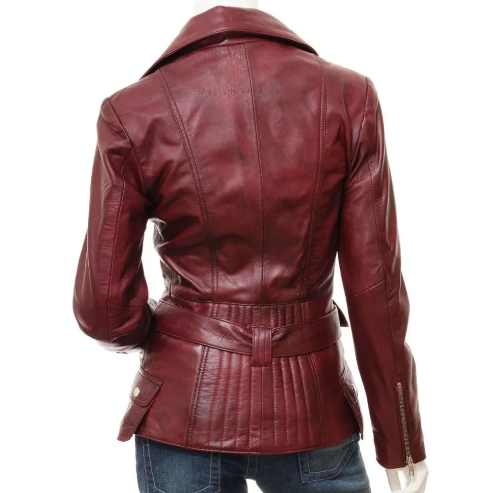 Women Distressed Biker Burgundy Leather Jacket