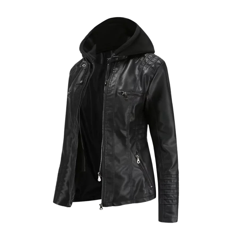 Women’s Black Hooded Leather Moto Jacket (1)