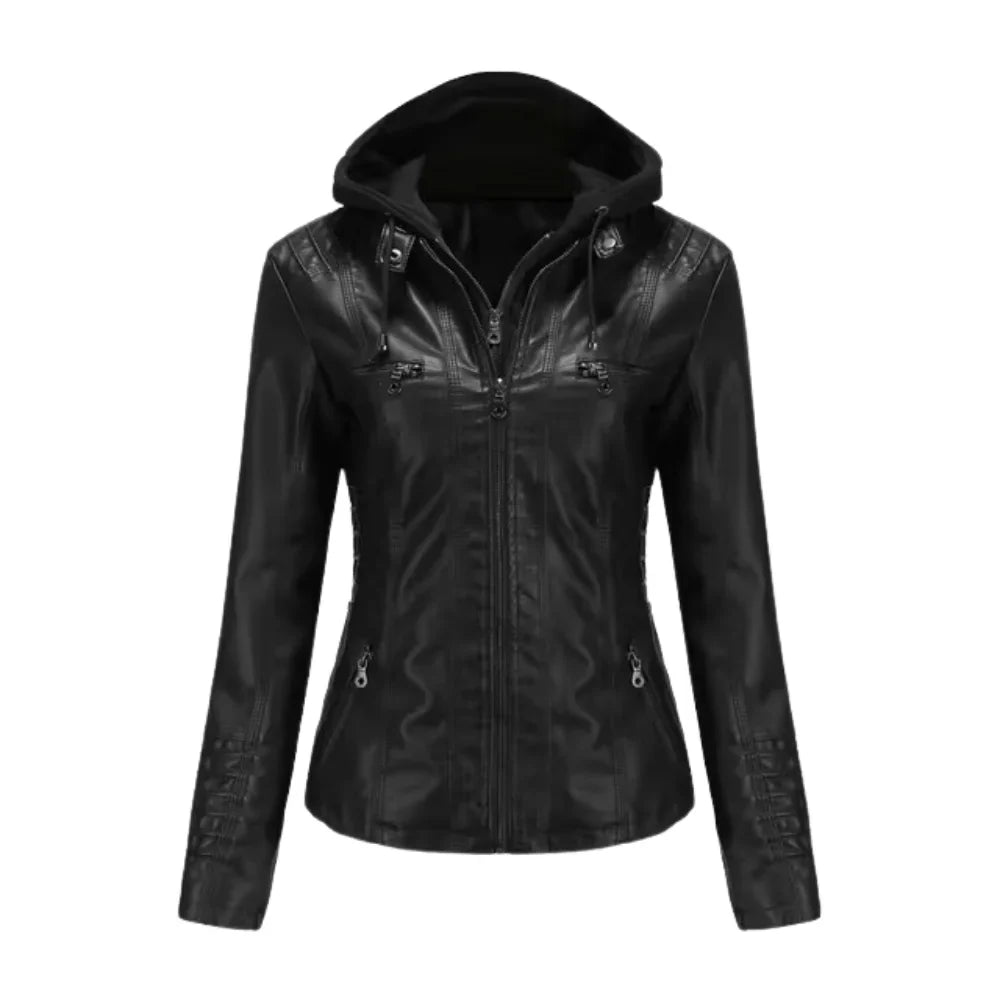 Women’s Black Hooded Leather Moto Jacket