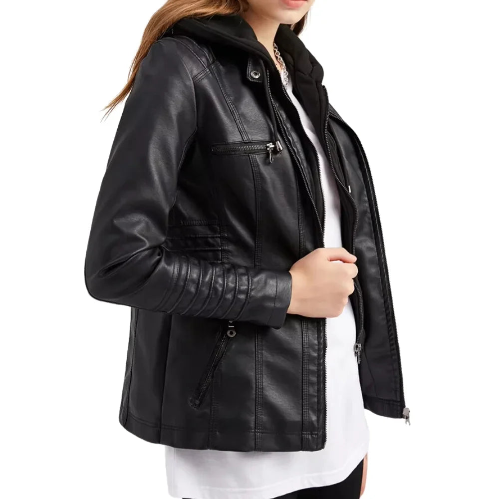 Women’s Black Hooded Leather Moto Jacket