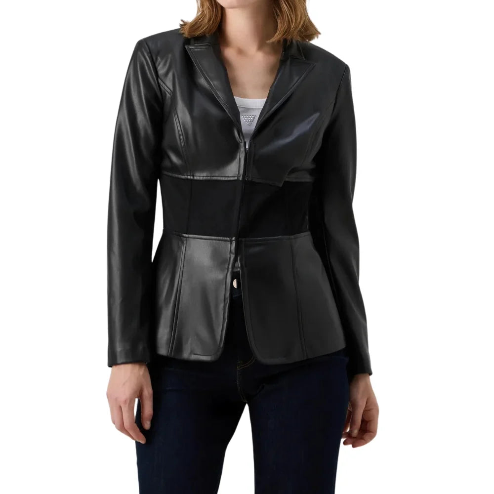 Women's Black Hook Closure Leather Blazer