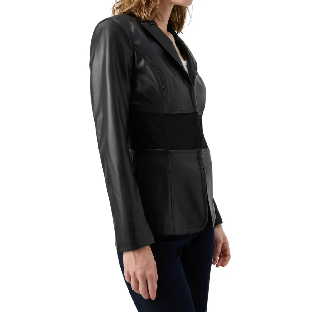 Women's Black Hook Closure Leather Blazer