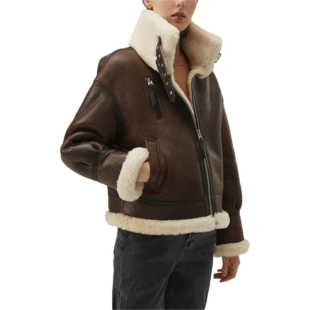 Women’s Chocolate Brown B3 Sheepskin Aviator Jacket (5)