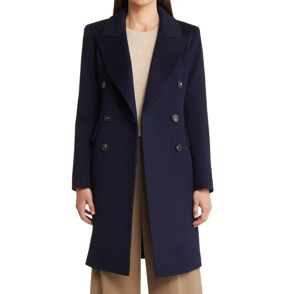 Women's Classic Dark Blue Double-Breasted Wool Trench Coat