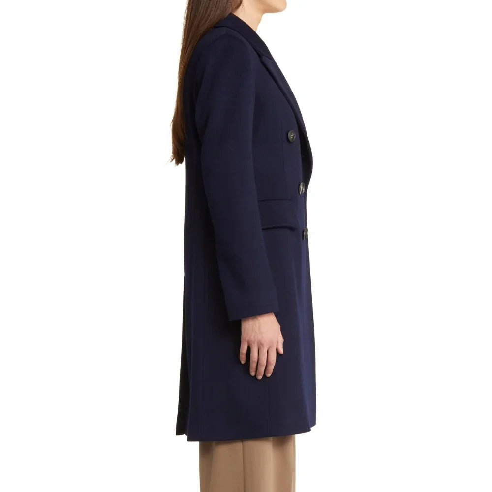 Women's Classic Dark Blue Double-Breasted Wool Trench Coat