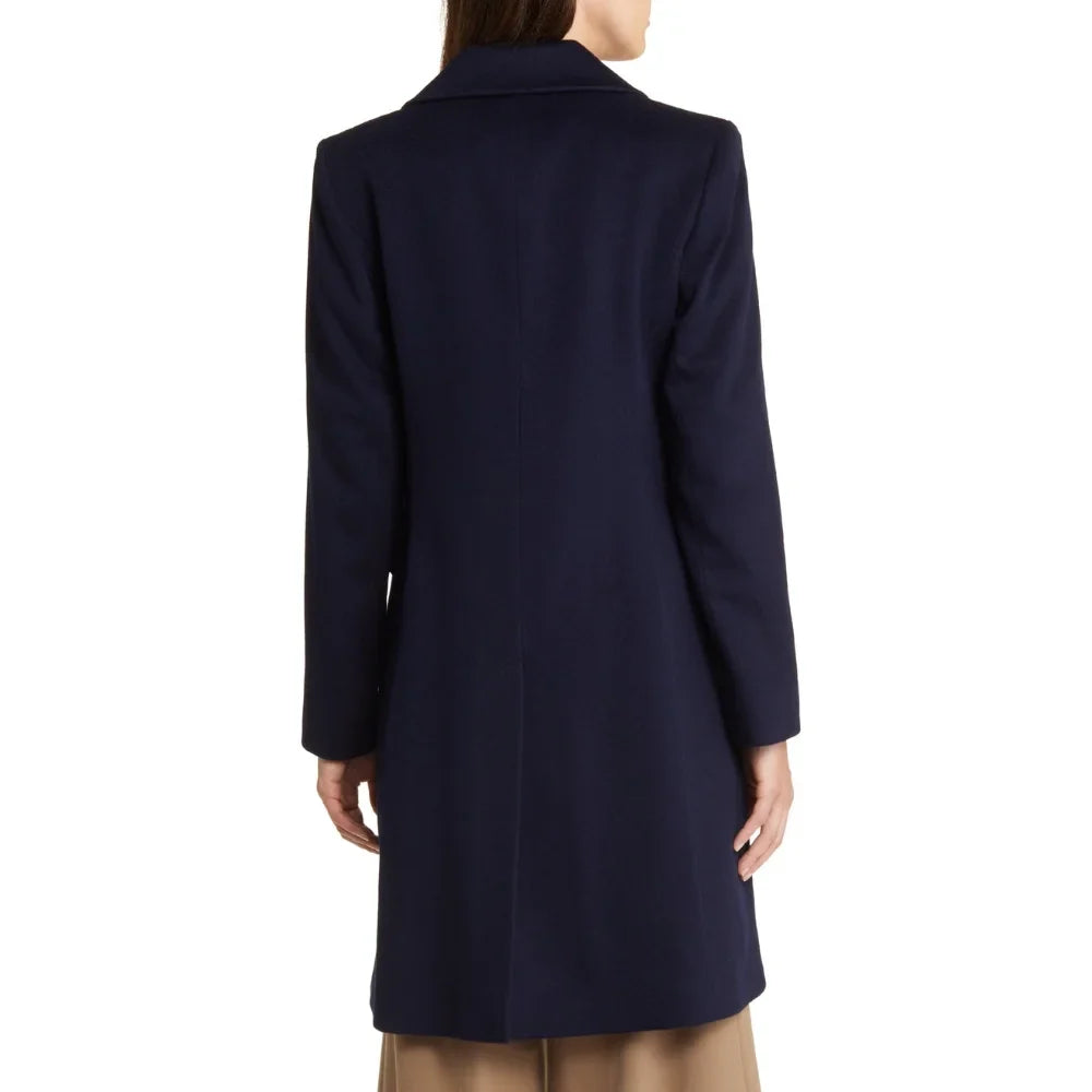 Women's Classic Dark Blue Double-Breasted Wool Trench Coat