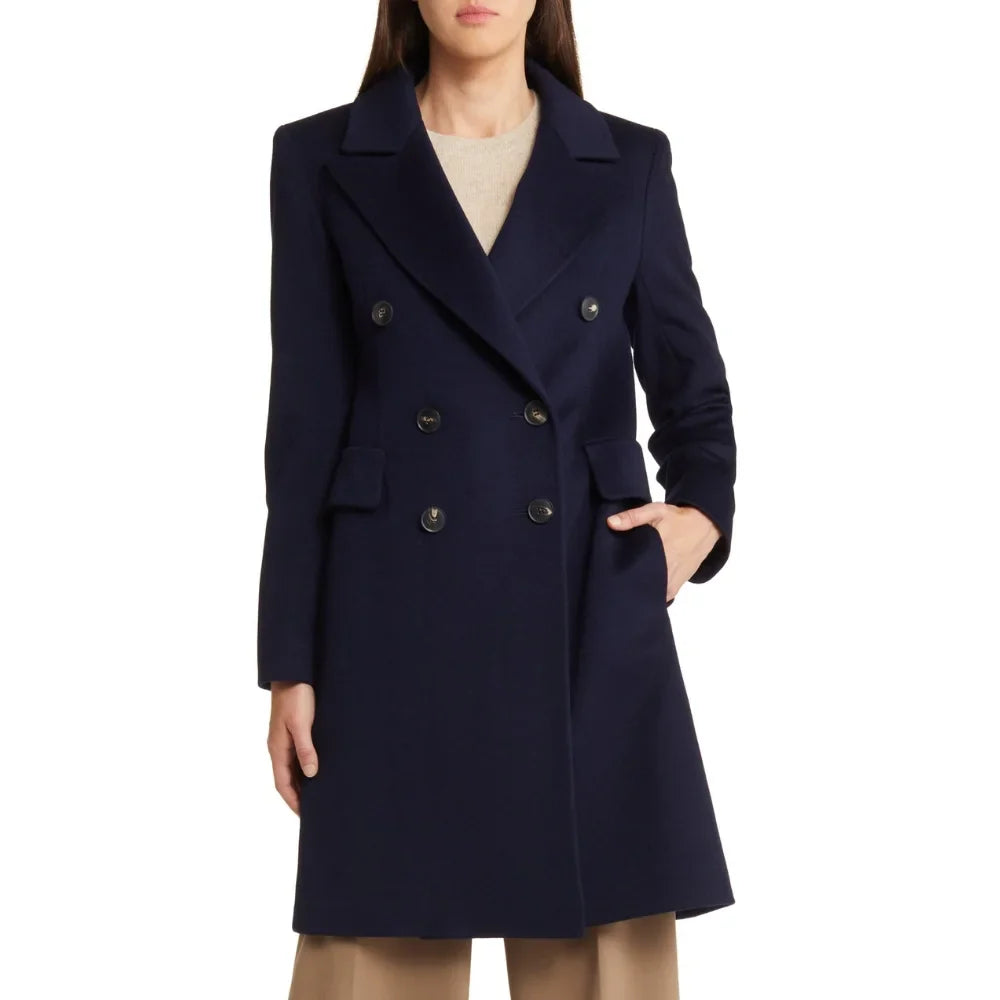 Women's Classic Dark Blue Double-Breasted Wool Trench Coat