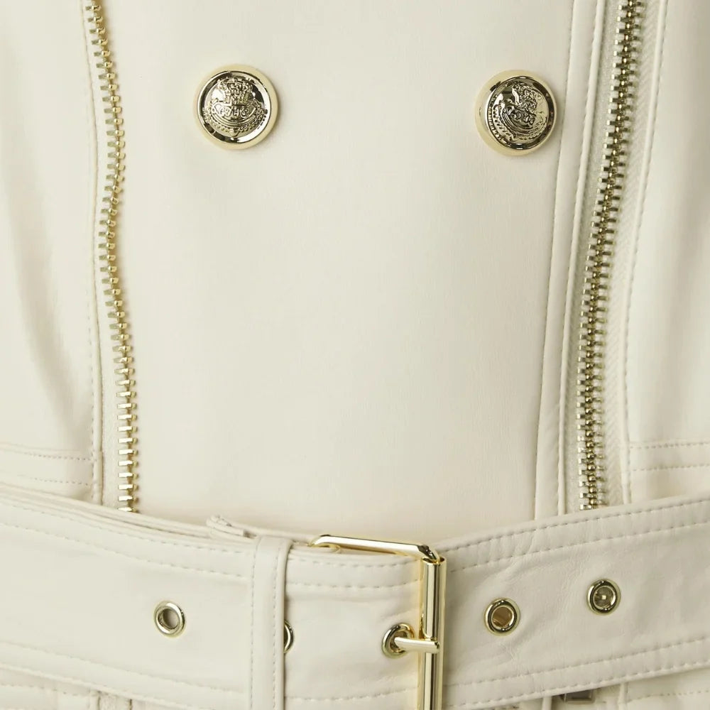 Women's Double Breasted Dove White Leather Biker Jacket