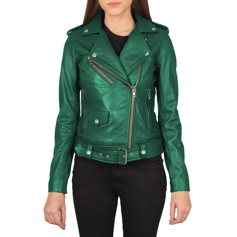 Women's Lapel Collar Emerald Green Leather Motorcycle Jacket