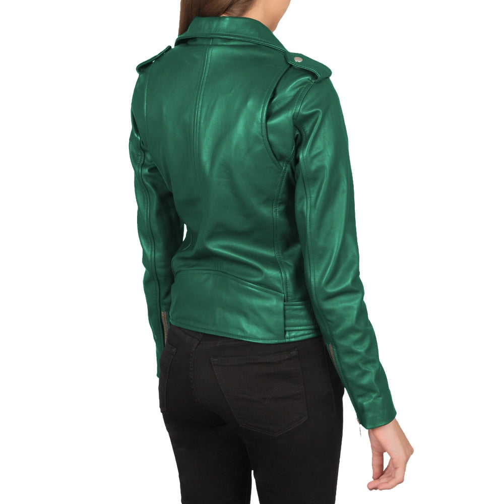 Women's Lapel Collar Emerald Green Leather Motorcycle Jacket