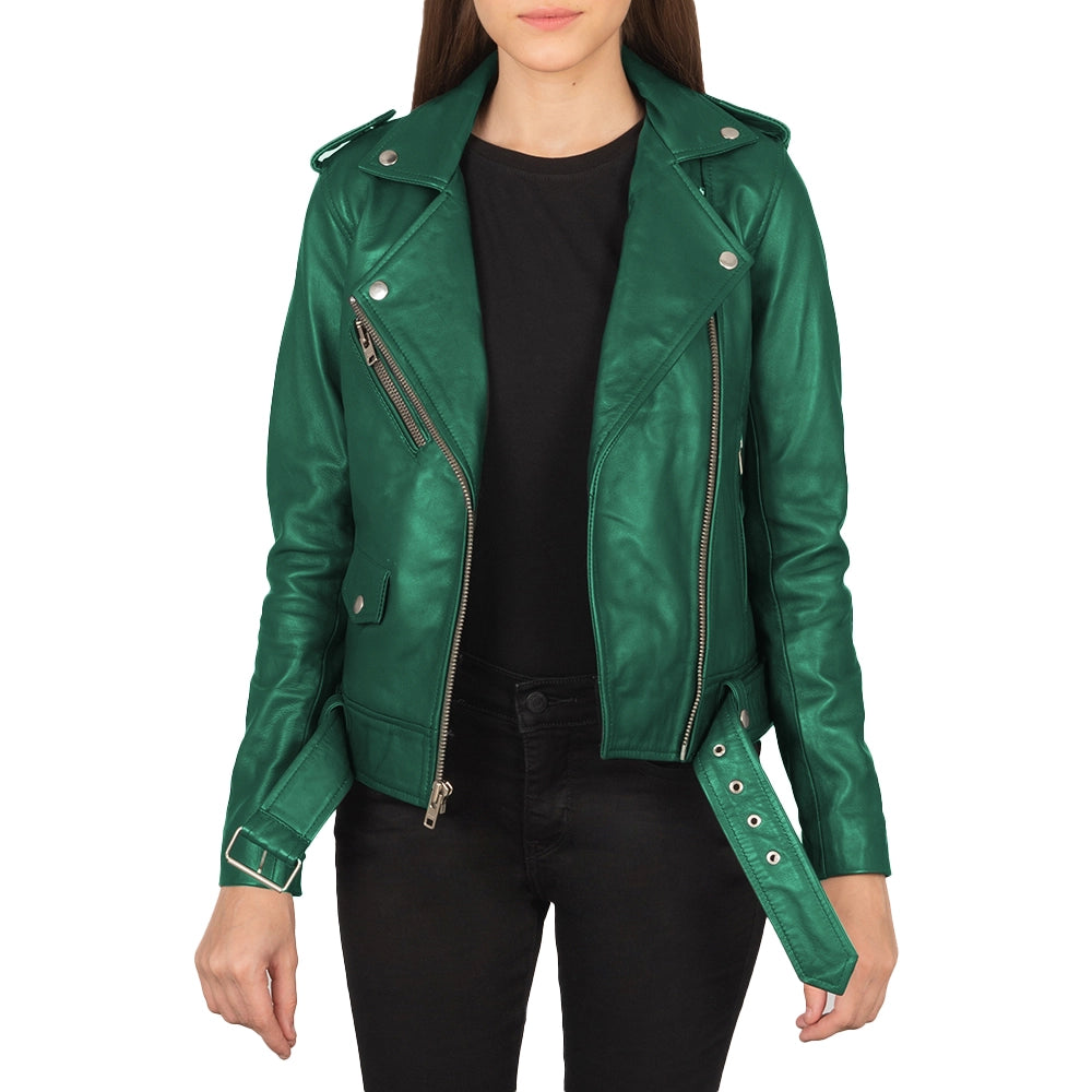 Women's Lapel Collar Emerald Green Leather Motorcycle Jacket