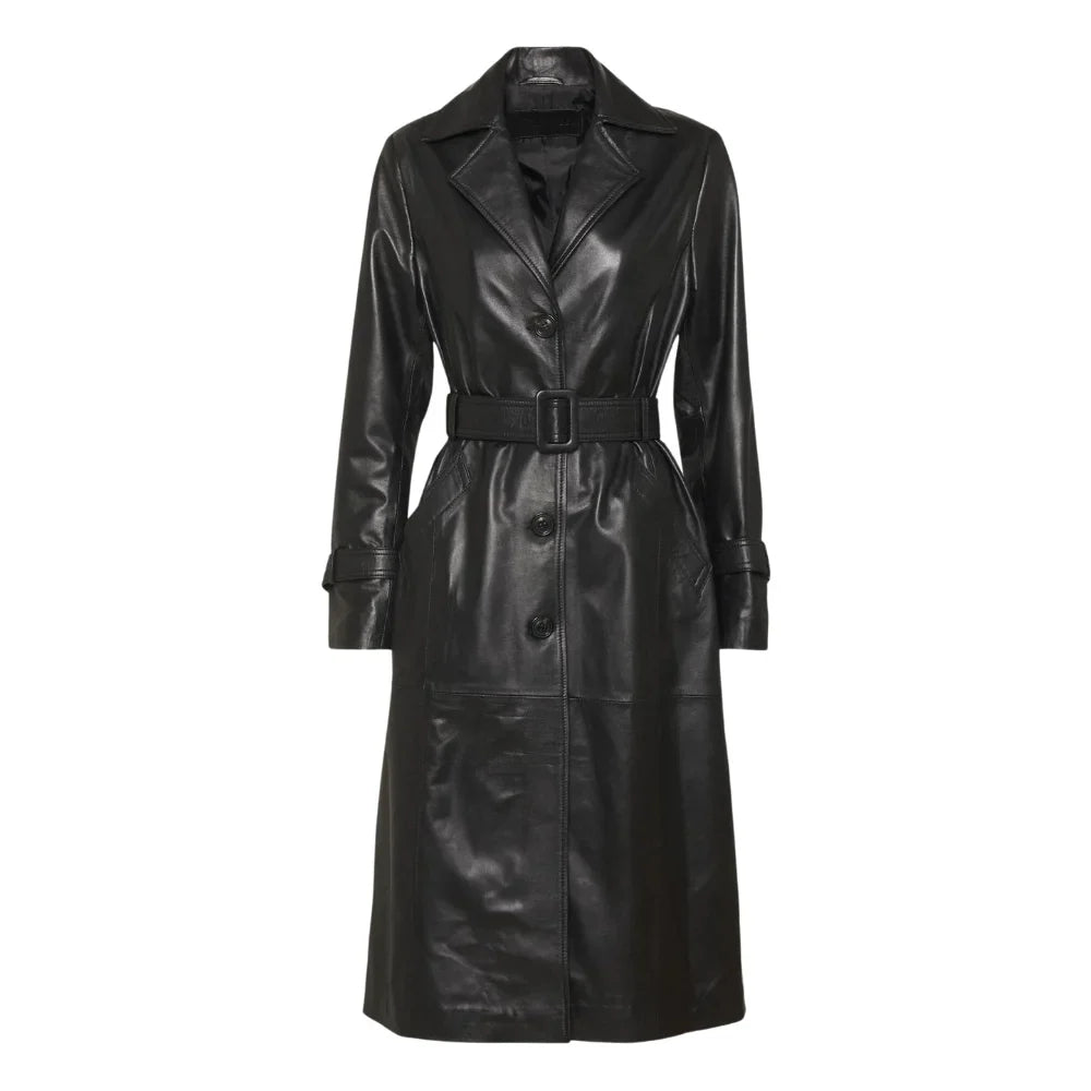 Women's Lapel Collar Black Leather Trench Coat