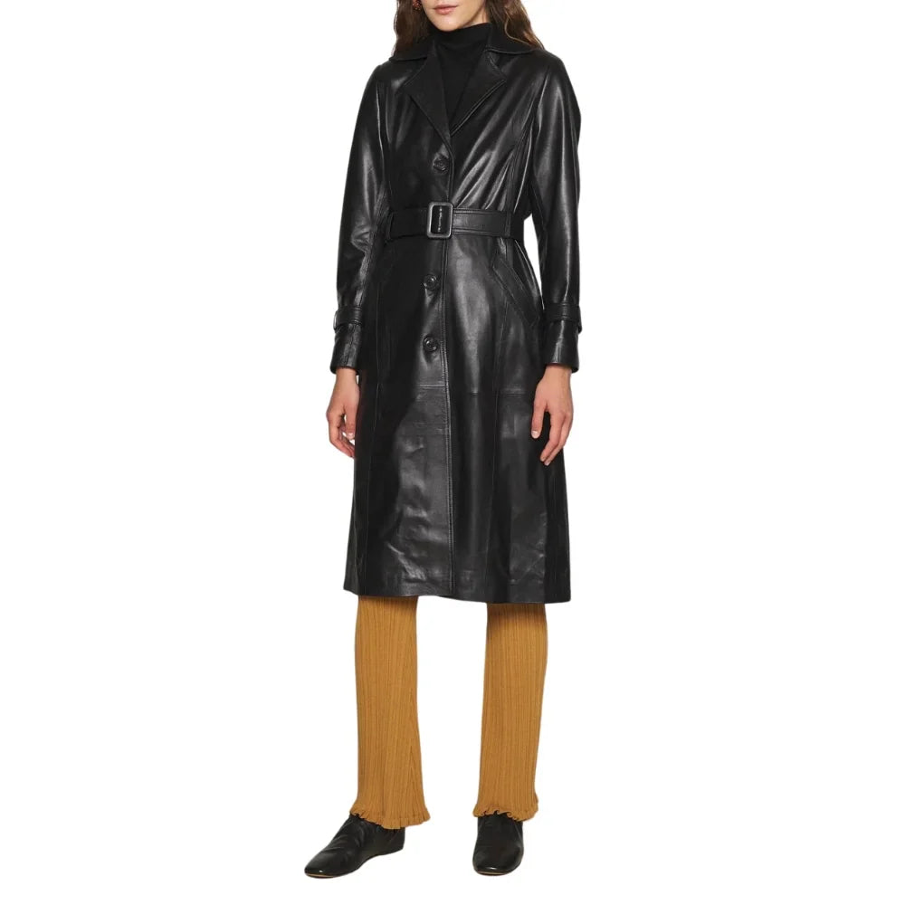 Women's Lapel Collar Black Leather Trench Coat