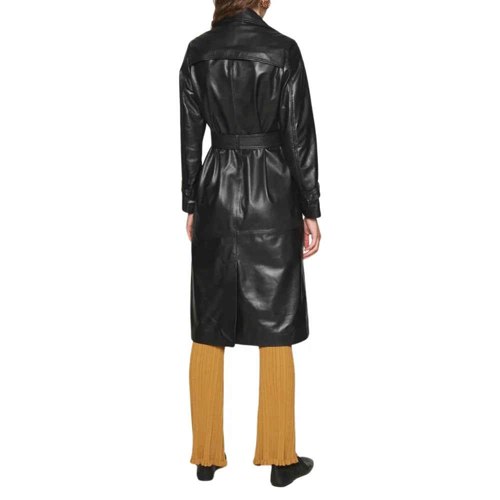 Women's Lapel Collar Black Leather Trench Coat